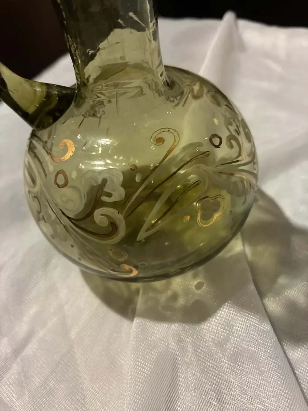 Vintage Hand-Blown Bohemian Olive Green Glass Ewer Pitcher with Gold and White E